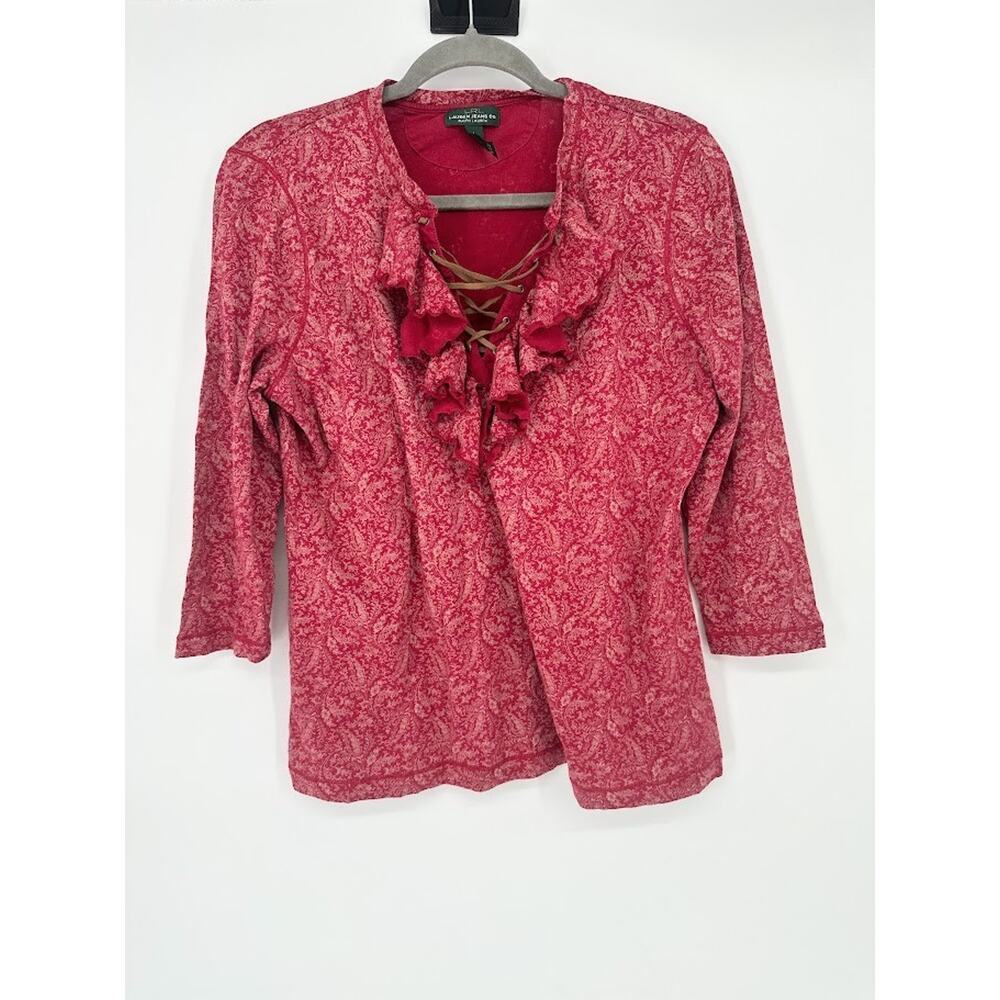LRL Lauren Jeans Co Womens Ruffled Top Size L‎ Western Cowgirl Boho Lace Up